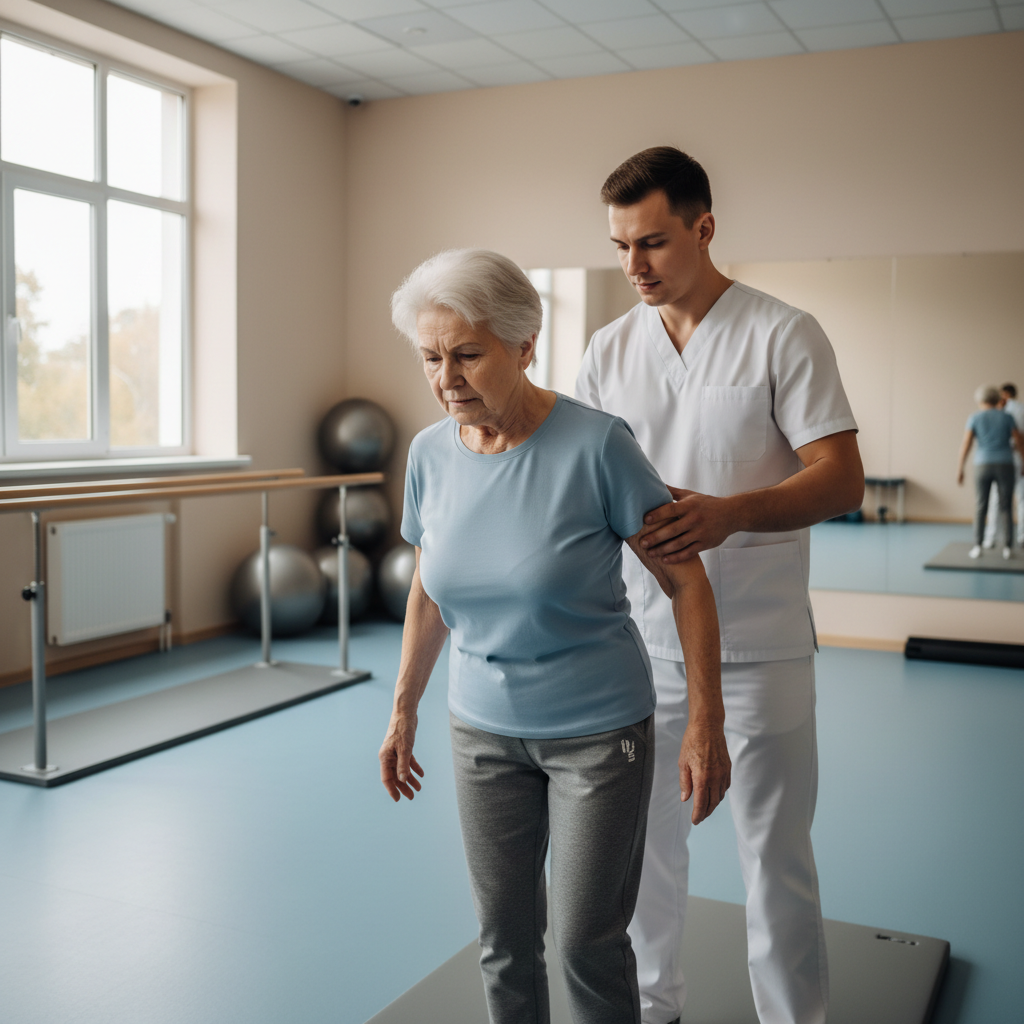Physical therapy session with patient performing balance and strength recovery exercises