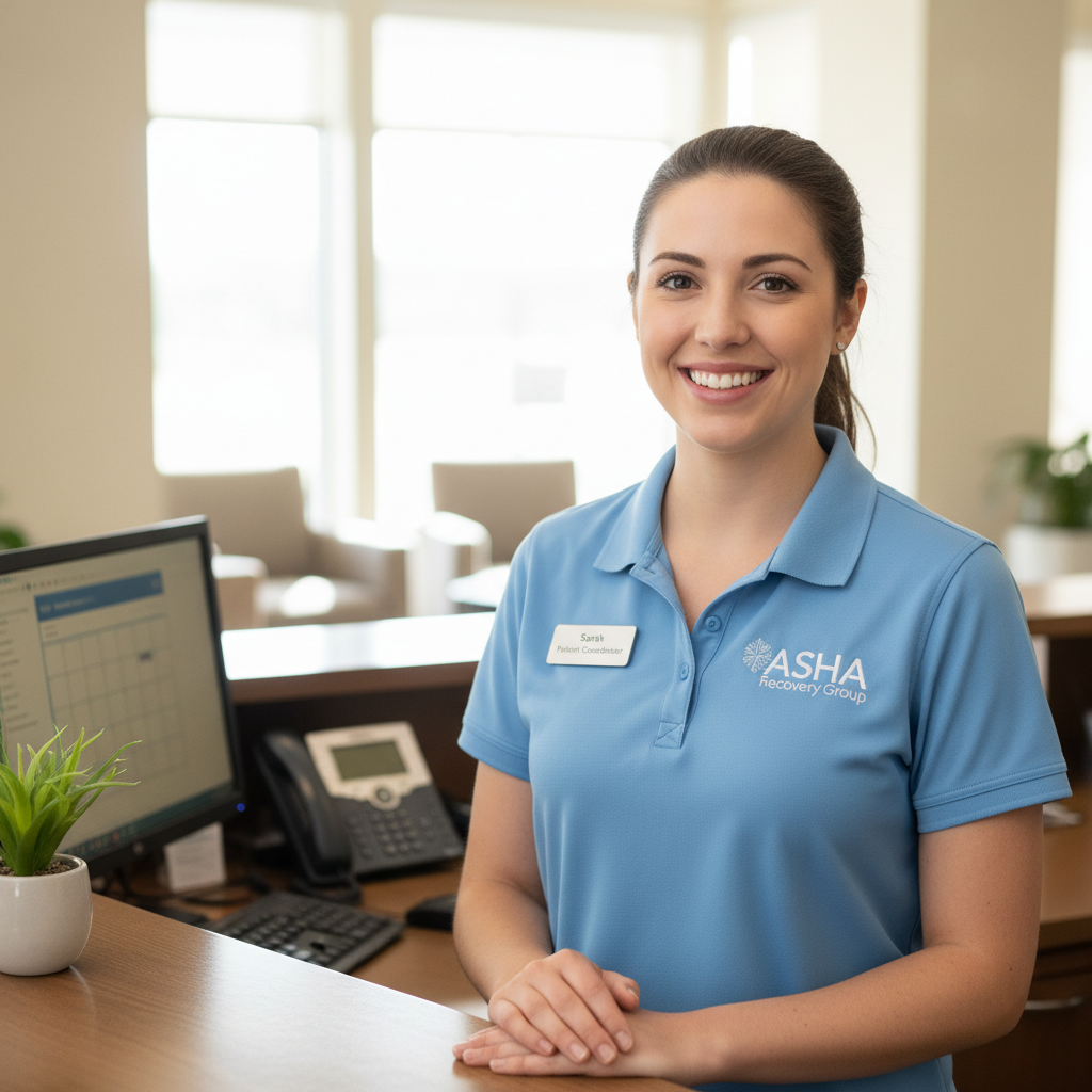 Friendly ASHA Recovery Group staff member ready to assist patients at the front desk