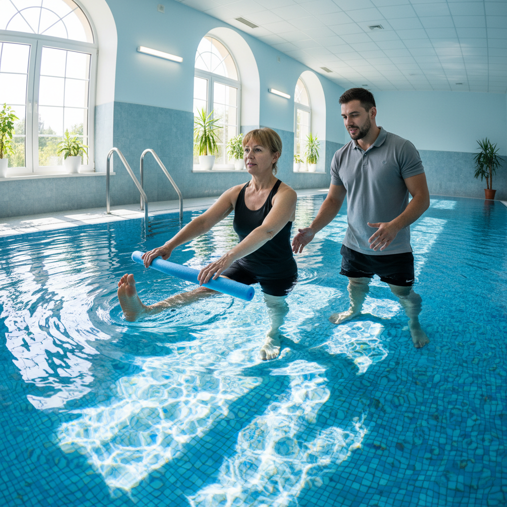 Physical therapist guiding patient through therapeutic exercises in a rehabilitation clinic