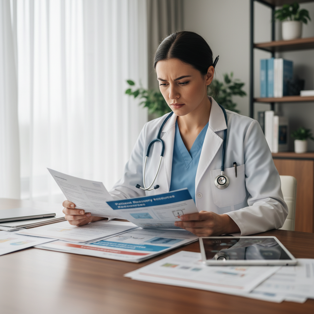 Medical professional reviewing patient recovery resources and educational materials