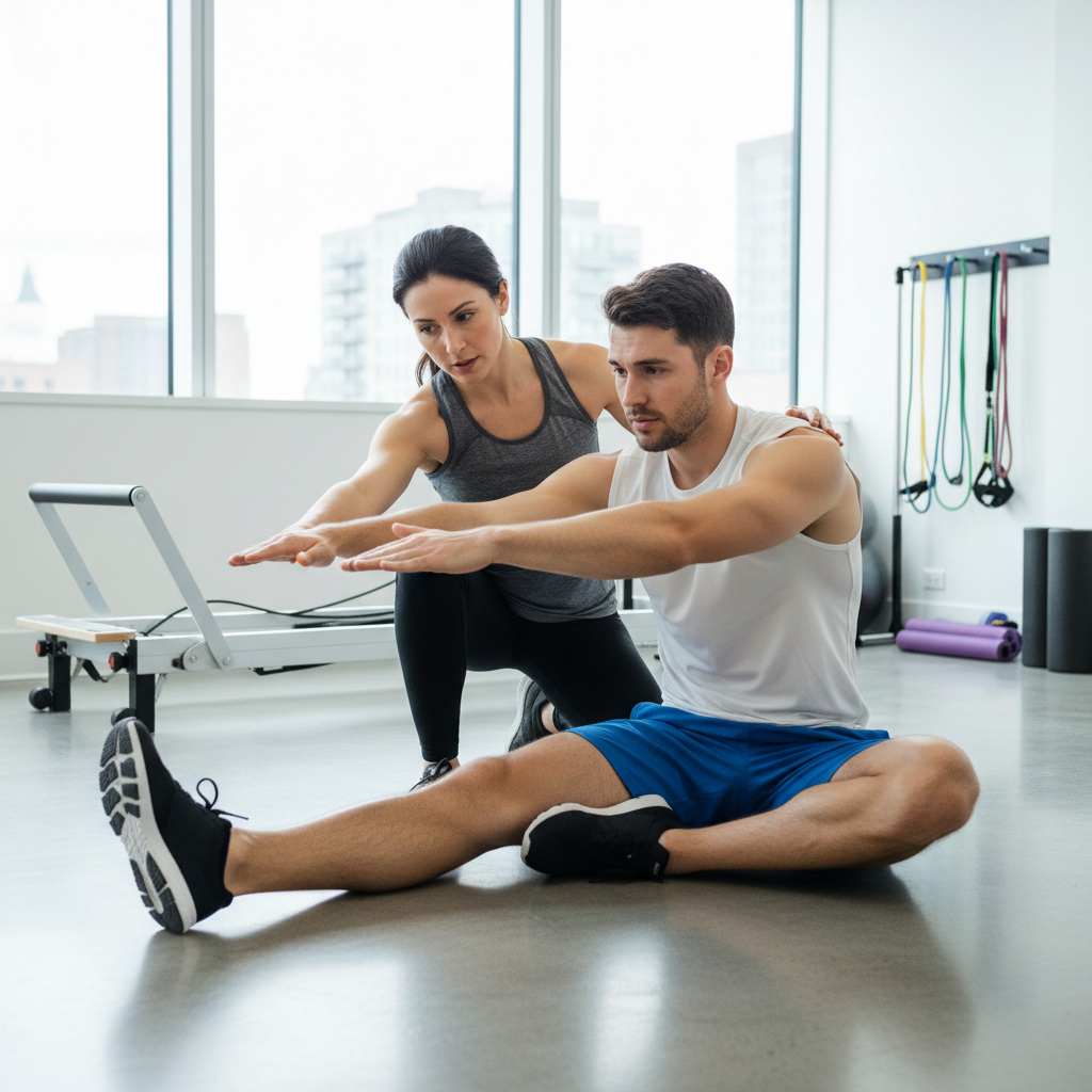 Physical therapist helping patient with rehabilitation exercises in a modern clinic
