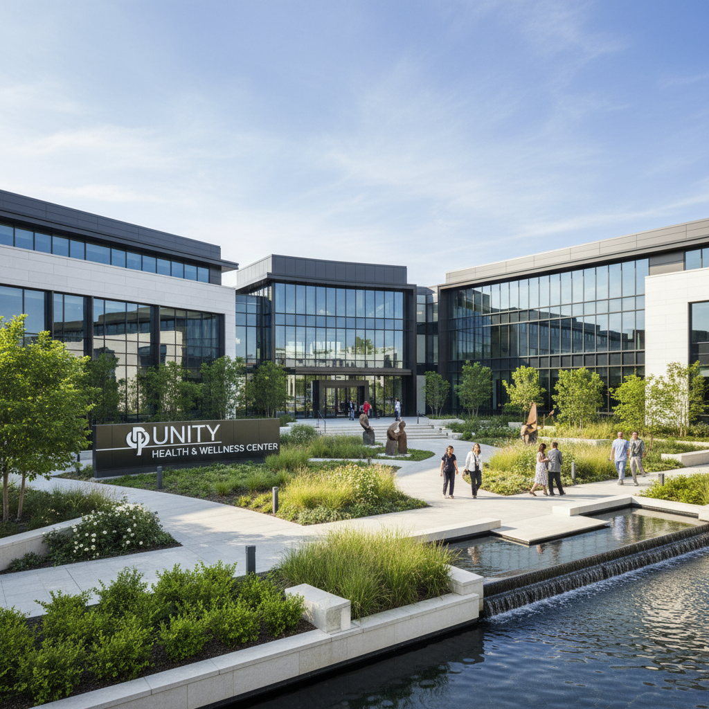 Modern medical clinic building exterior in Chicago with welcoming entrance