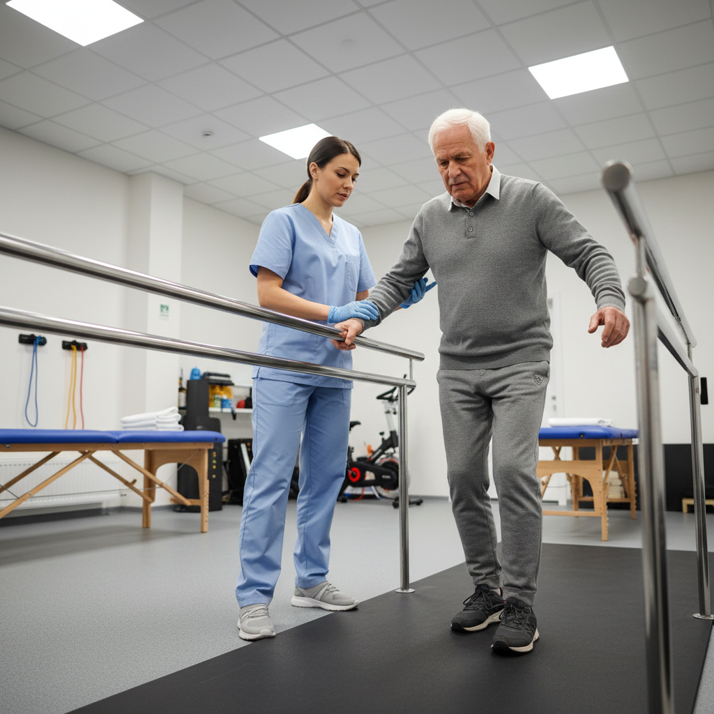Rehabilitation specialist guiding elderly patient through walking recovery exercises