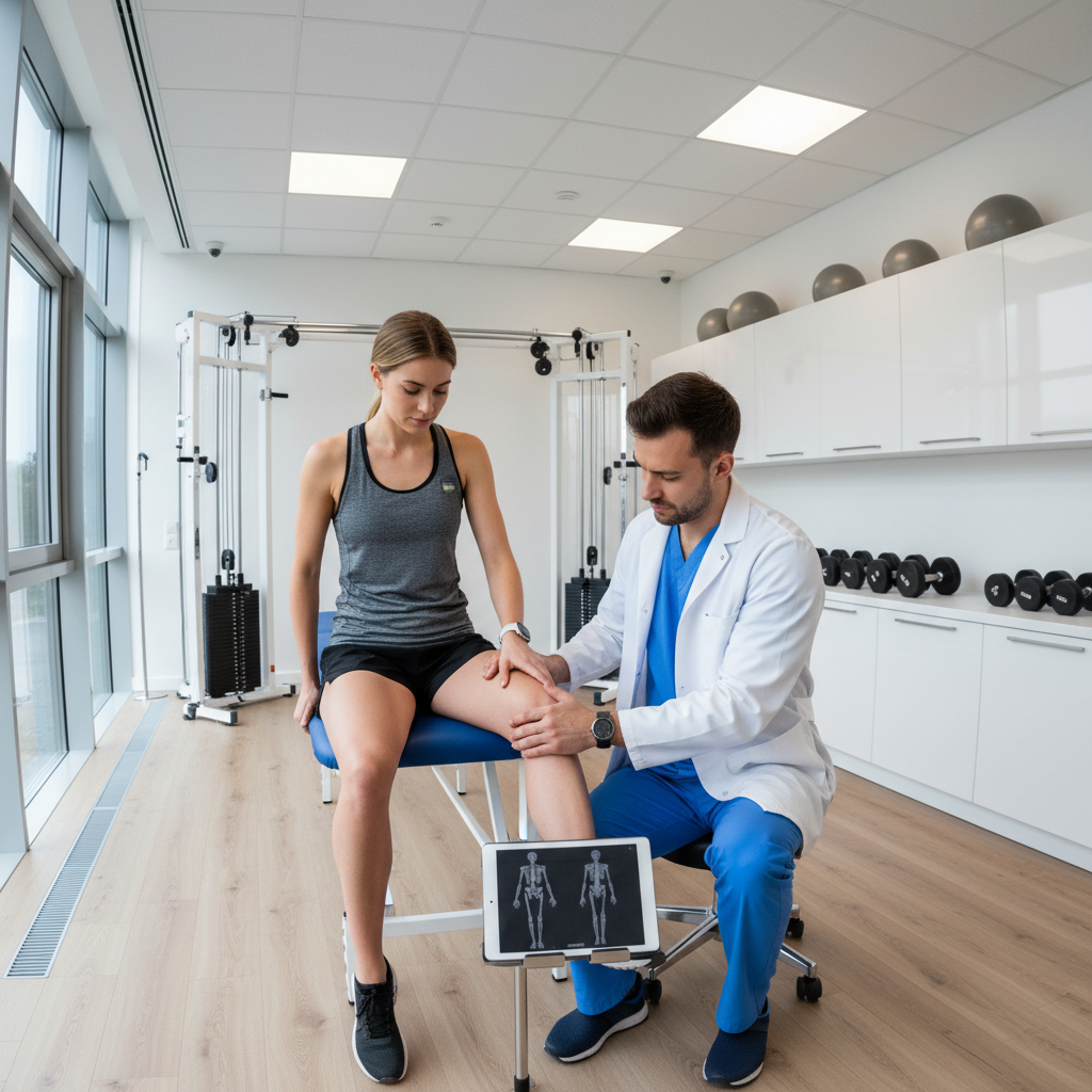 Sports injury therapist performing shoulder assessment on athlete in modern clinic