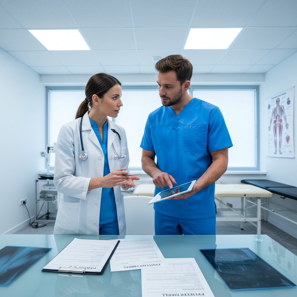 Doctor and physical therapist collaborating on patient referral and treatment plan